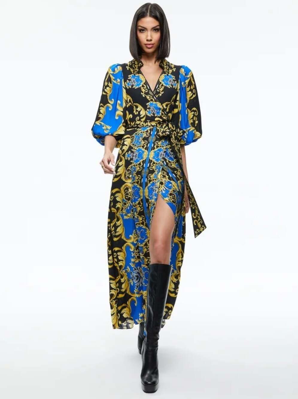 Alice + Olivia Alisa Regal Romance Sapphire Wrap Maxi Shirt Dress 2 NWT $795